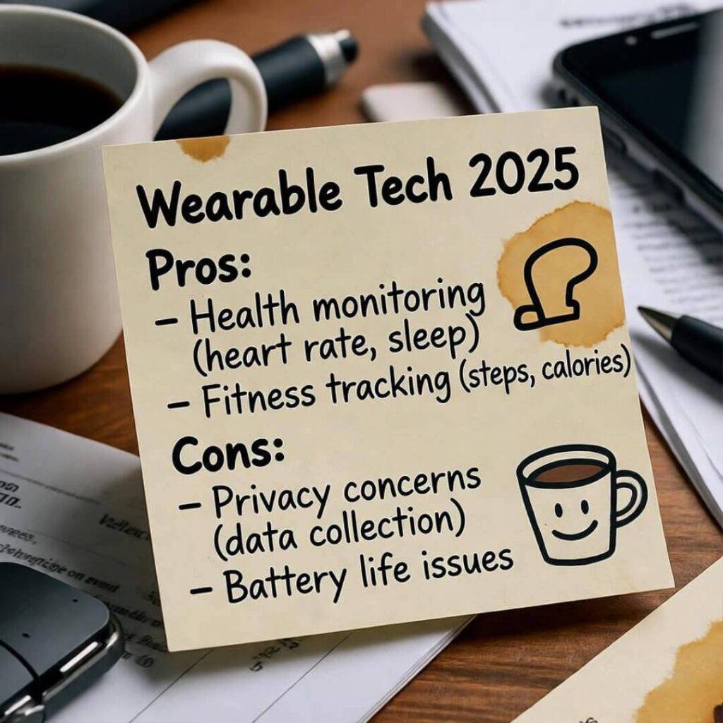 Coffee-stained sticky note with 2025 wearable tech pros/cons on cluttered desk.
