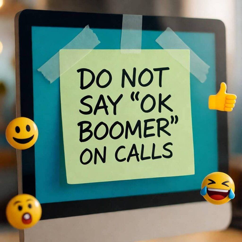 Sticky note on monitor: "DO NOT SAY 'OK BOOMER' ON CALLS" with laughing emojis.