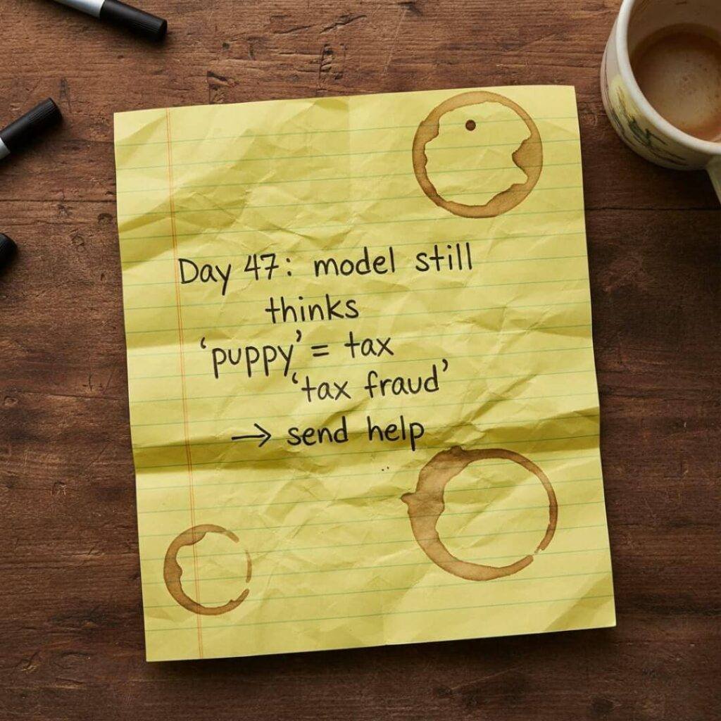 Crumpled yellow legal pad with "Day 47: model still thinks 'puppy' = 'tax fraud'".