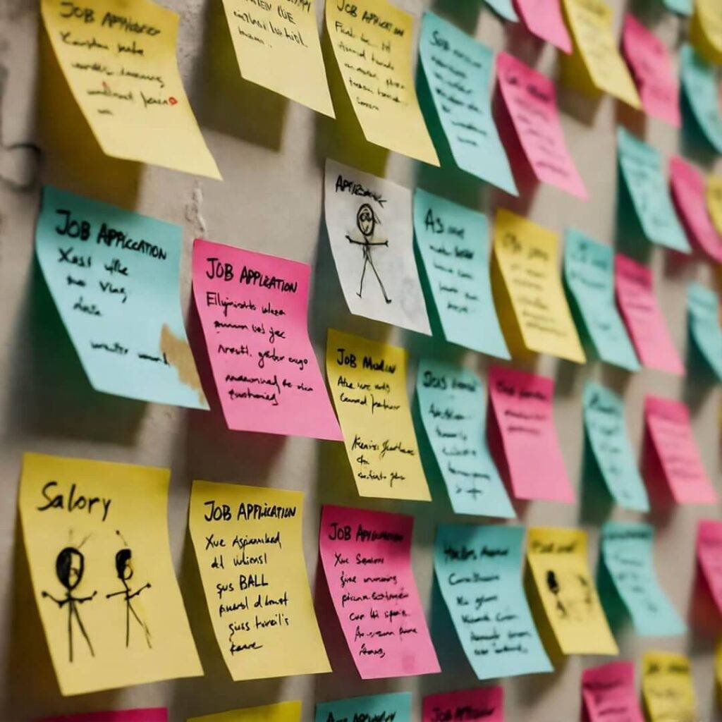Sticky notes with crossed-out job apps, coffee stains, sad coding stick figures.