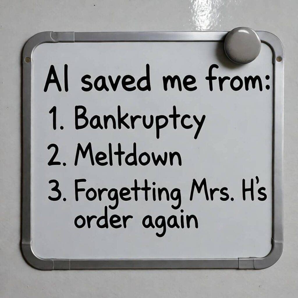 Sticky note on fridge listing AI saves from bankruptcy, meltdown, Mrs. H's order.