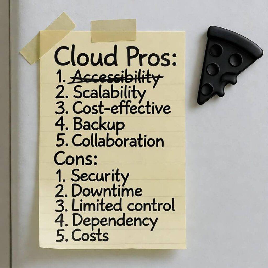 Crumpled sticky note with "Cloud Pros and Cons" on fridge with pizza magnet.