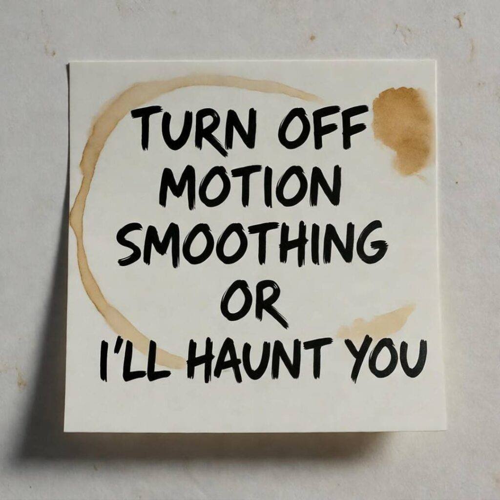 Crumpled sticky note with coffee stain: "TURN OFF MOTION SMOOTHING OR I'LL HAUNT YOU"