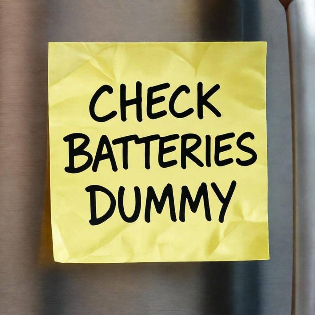 Crinkled Post-it on fridge: "CHECK BATTERIES DUMMY" in Sharpie.