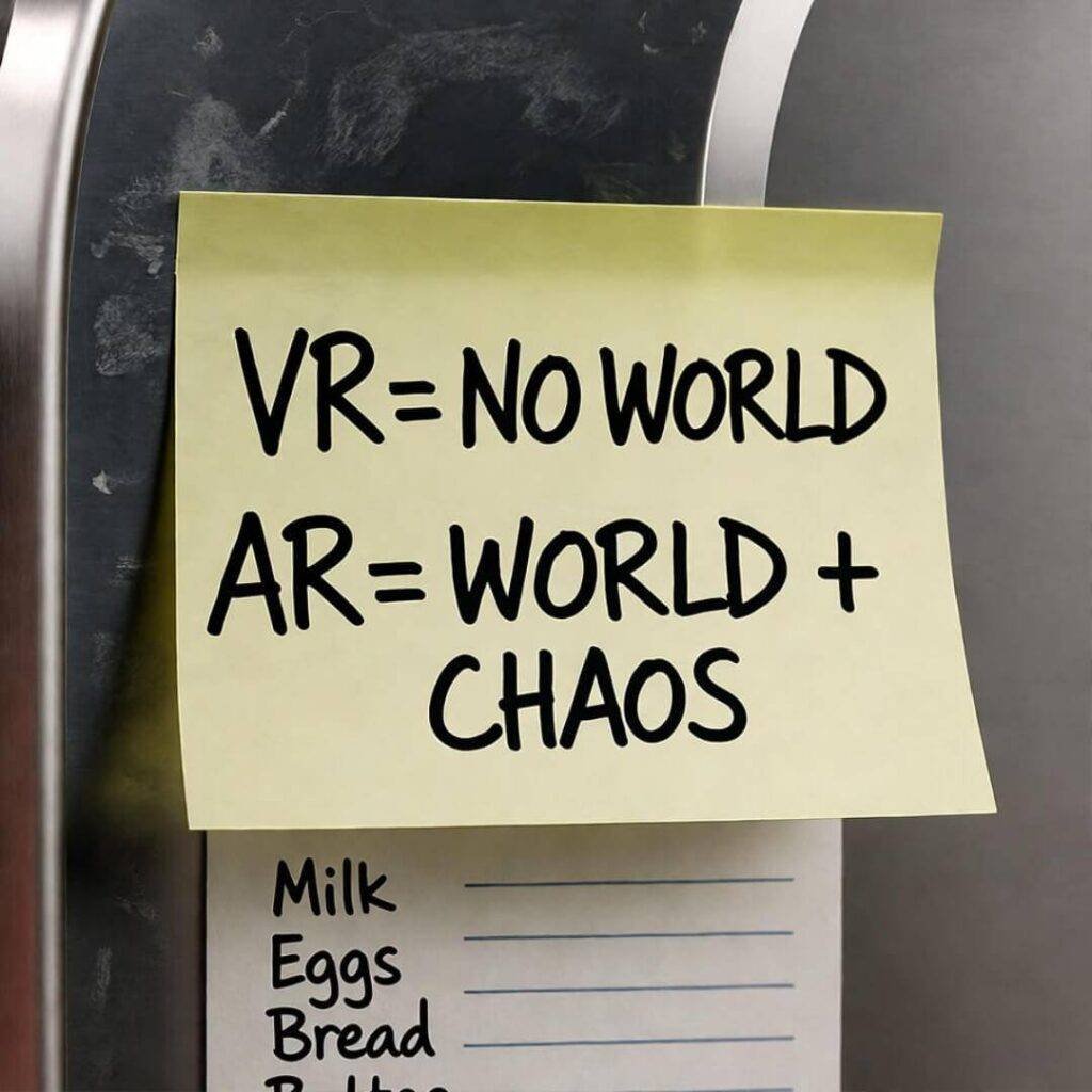 Sticky note "VR = NO WORLD / AR = WORLD + CHAOS" on fridge with grocery list.