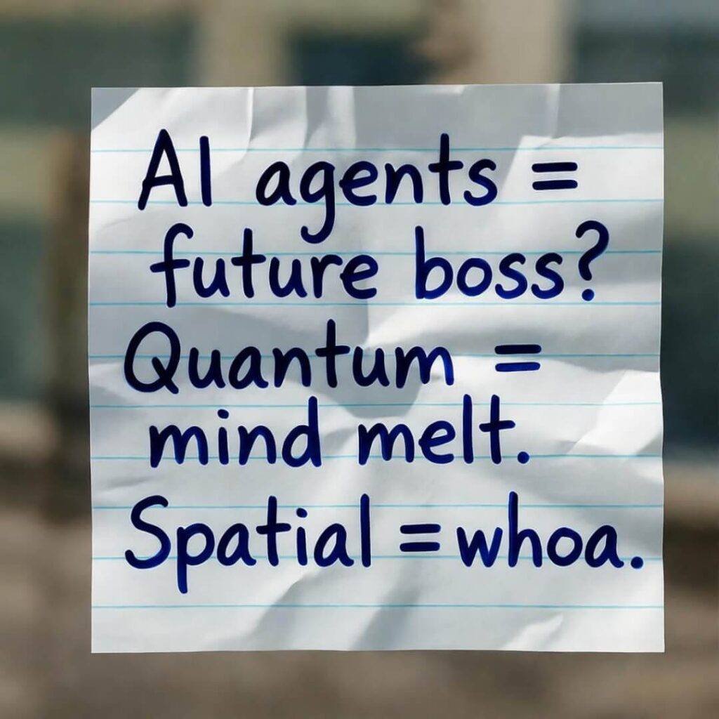 Crumpled sticky note with shaky handwriting on tech thoughts, tilted on monitor.