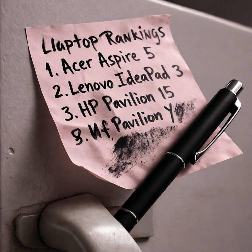 Crumpled sticky note on fridge with smudged laptop rankings, rose-gray tones.