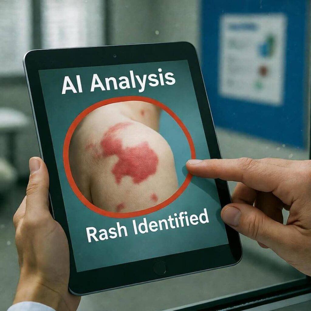 Grainy photo of AI tablet analyzing child's rash, hands holding through window.