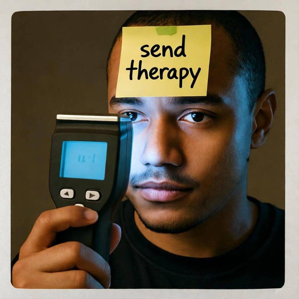 Dim selfie: colorimeter to screen, Post-it on forehead says "send therapy".