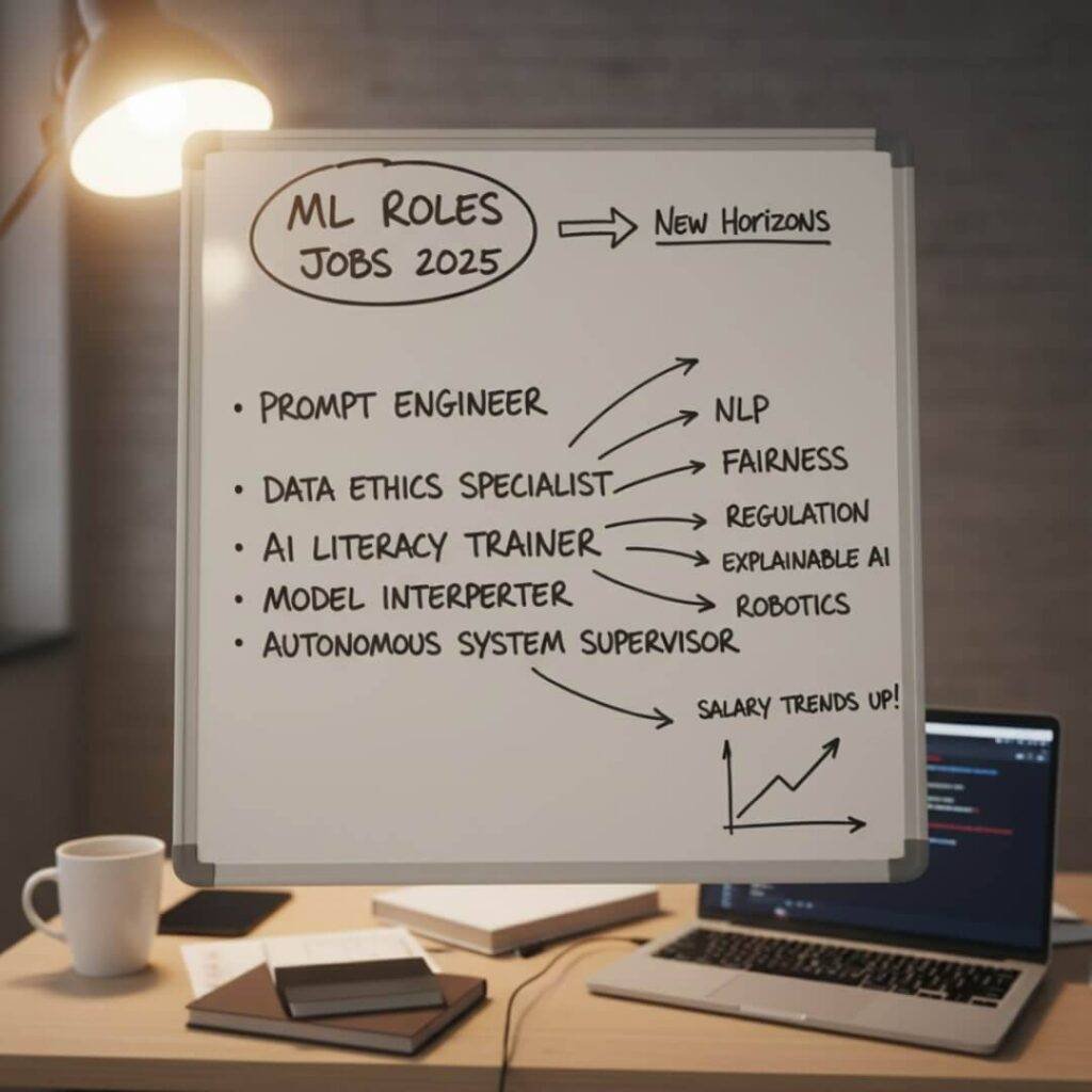 Whiteboard showing "ML Roles Jobs 2025" and a list of new machine learning job titles.