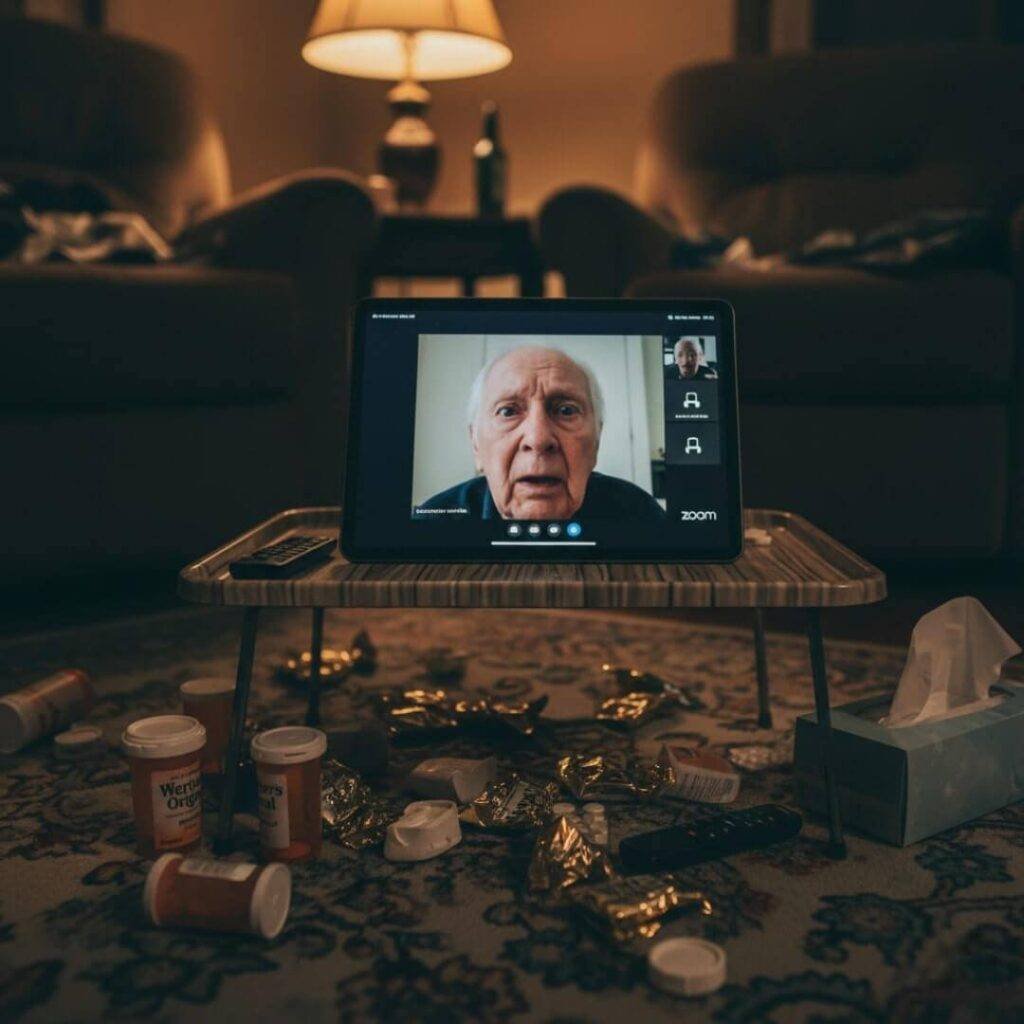 Frozen Zoom face on iPad next to pills and wrappers.