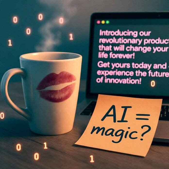 Half-empty coffee mug with lipstick mark beside laptop showing, sticky note reads "AI = magic?" Half-empty coffee mug with lipstick mark beside laptop showing, sticky note reads "AI = magic?"