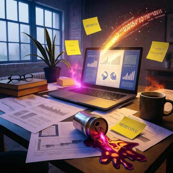 Chaotic Philly loft desk with glowing laptop, spilled neon drink, binary Post-its. Chaotic Philly loft desk with glowing laptop, spilled neon drink, binary Post-its.