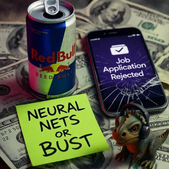 Red Bull on bills, cracked phone says rejected, dinosaur in headphones, neon note: NEURAL NETS OR BUST. Red Bull on bills, cracked phone says rejected, dinosaur in headphones, neon note: NEURAL NETS OR BUST.