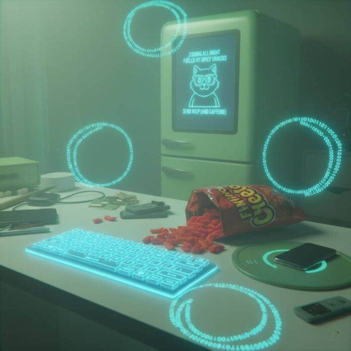 Holographic keyboard on cluttered desk with Cheetos and meme fridge. Holographic keyboard on cluttered desk with Cheetos and meme fridge.