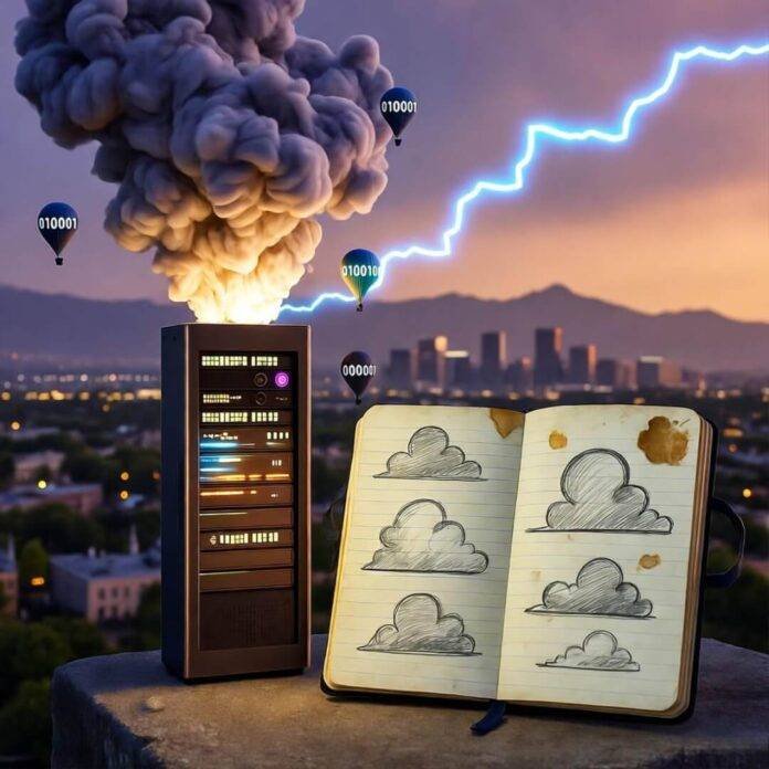 Glowing server tower, coffee-stained notebook, hazy Denver skyline at dusk, binary balloons. Glowing server tower, coffee-stained notebook, hazy Denver skyline at dusk, binary balloons.