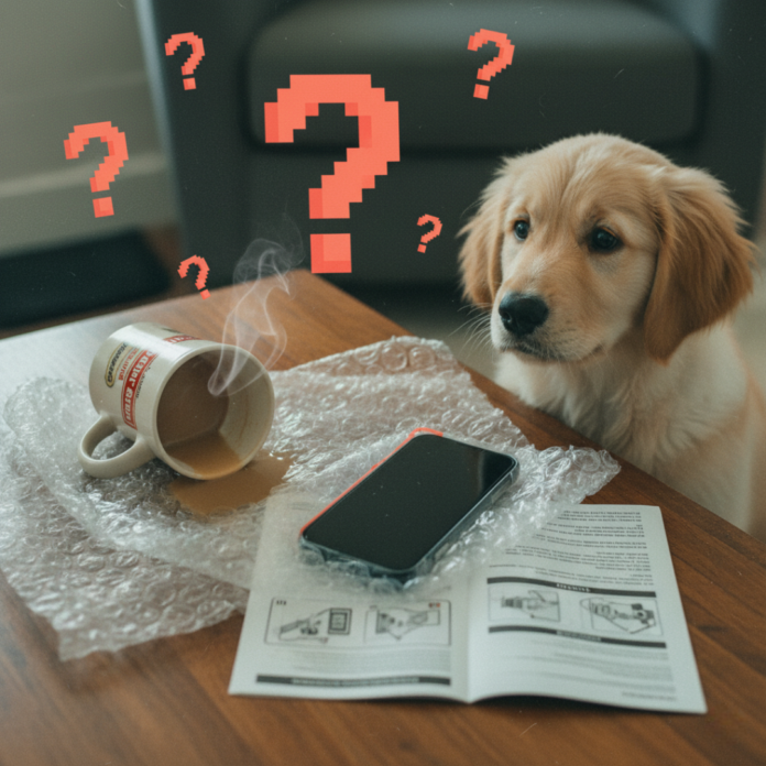 Puppy, phone, spilled coffee, and question marks on a table. Puppy, phone, spilled coffee, and question marks on a table.