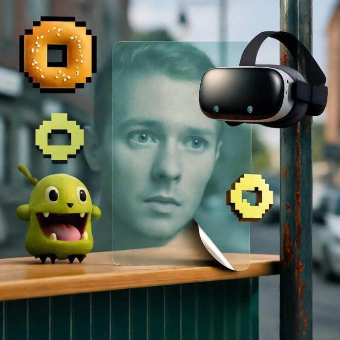 Glitched AR overlay on Brooklyn coffee counter, VR headset dangling, pixelated bagels, Pokémon photobomb. Glitched AR overlay on Brooklyn coffee counter, VR headset dangling, pixelated bagels, Pokémon photobomb.