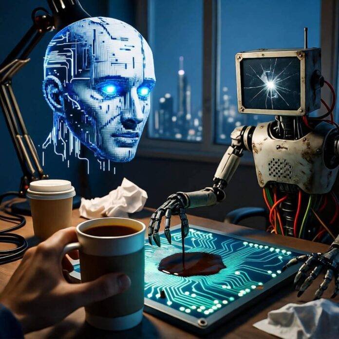 Cyberpunk scene: holographic AI, glitchy robot spills coffee on circuits. Cyberpunk scene: holographic AI, glitchy robot spills coffee on circuits.