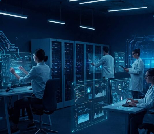 5 In-Demand Tech Jobs You Should Consider in 2025 Futuristic Tech Office with Professionals and Holographic Displays