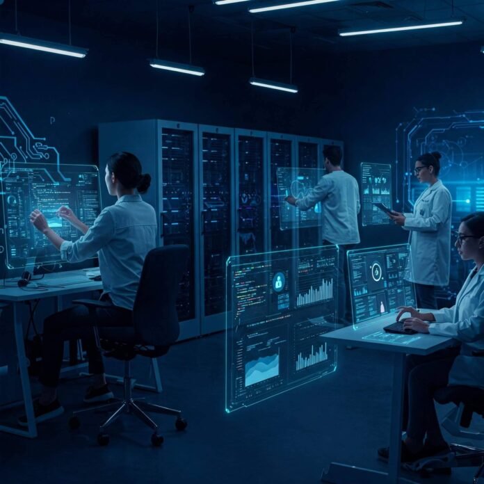 Futuristic Tech Office with Professionals and Holographic Displays