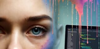 How AI Image Generators are Revolutionizing Digital Art Creation Half-finished digital portrait with realistic eyes, melting code mouth, laptop, stained sketchbook.