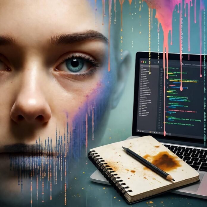 Half-finished digital portrait with realistic eyes, melting code mouth, laptop, stained sketchbook.