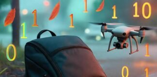 The Future of IoT: 5 Must-Have Devices That Will Change Your Life Smart backpack spills glowing sensors on rainy Seattle sidewalk; drone hovers, binary leaves fall.