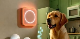 How Smart Homes Are Becoming the New Norm in 2025 Golden retriever barks at glowing thermostat as foot steps on smart plug amid smart bulbs.