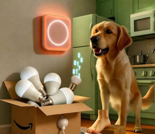 How Smart Homes Are Becoming the New Norm in 2025 Golden retriever barks at glowing thermostat as foot steps on smart plug amid smart bulbs.
