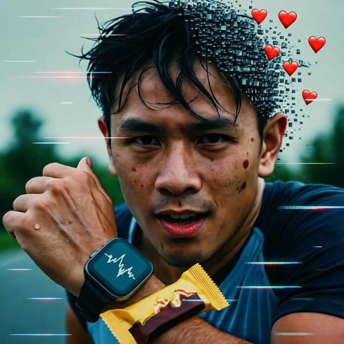 Sweaty runner with glitchy smartwatch, energy bar, fracturing hearts overlay.