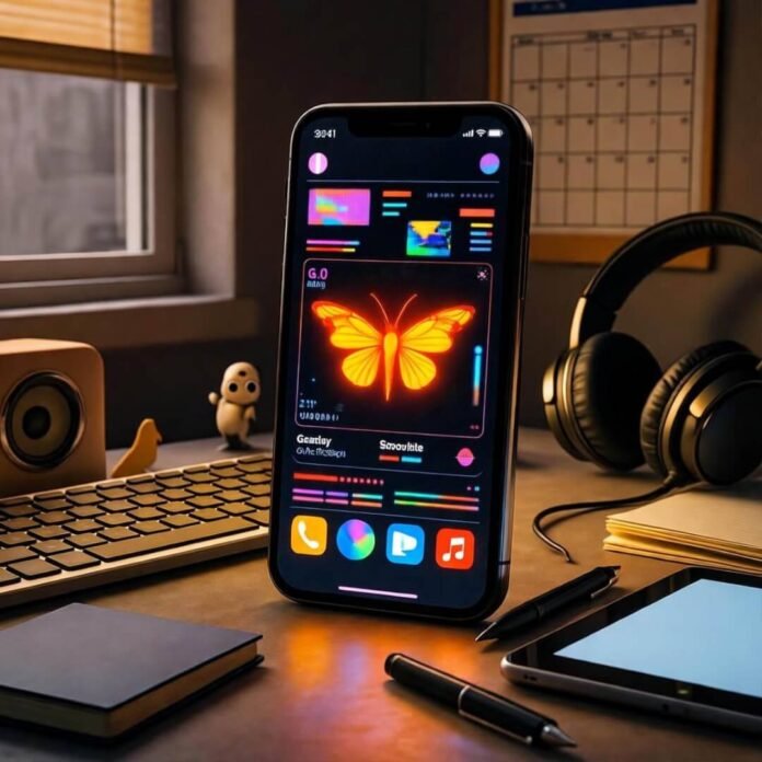 Retro-futuristic cluttered Seattle desk, glowing glitchy phone, firefly vibes, 2 AM tech obsession.