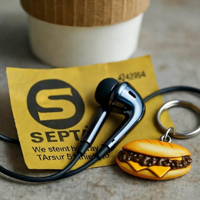 Blurry earbuds on crumpled SEPTA ticket, spilled coffee, cheesesteak keychain.