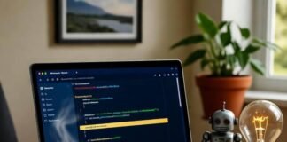 Where to Learn AI Online: Top Courses and Resources in 2025 Blurred desk with laptop, AI code, coffee, notebook, robot, glowing bulb.