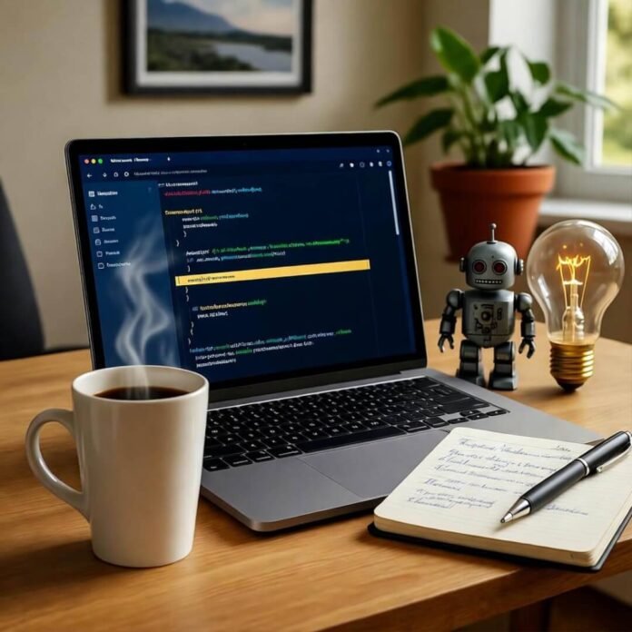 Blurred desk with laptop, AI code, coffee, notebook, robot, glowing bulb.