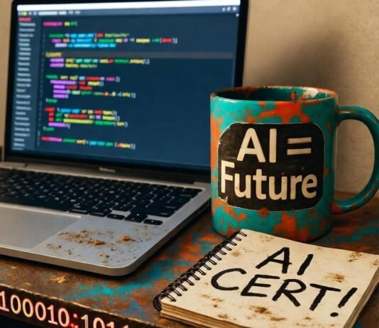 Is AI Certification Worth It? A Deep Dive into AI Career Opportunities Blurry desk with laptop, chipped AI mug, notebook, binary doodles, teal-orange-beige tones.
