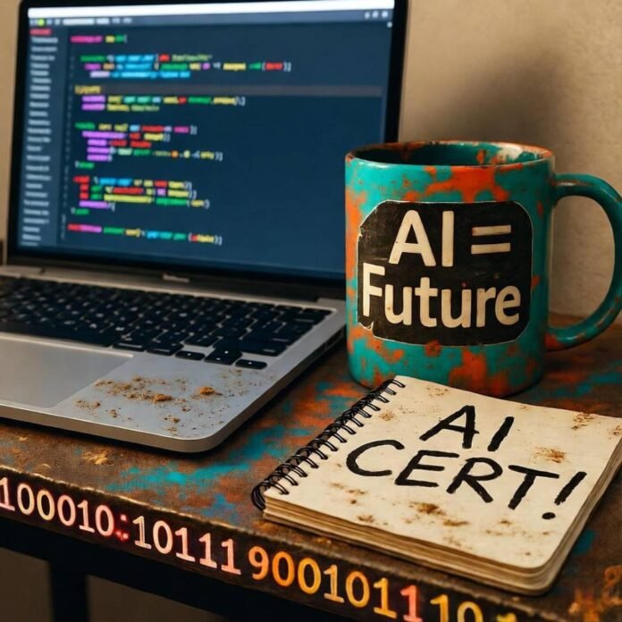 Blurry desk with laptop, chipped AI mug, notebook, binary doodles, teal-orange-beige tones.
