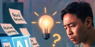 The Best AI Tutorials for Beginners: A Step-by-Step Guide Beginner learning AI, glowing laptop, notes, coffee mug, lightbulb, question marks.