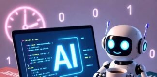 How to Become an AI Developer: The Best Courses and Tools in 2025 Futuristic laptop with AI code, quirky robot with coffee, coding books, neon clock.
