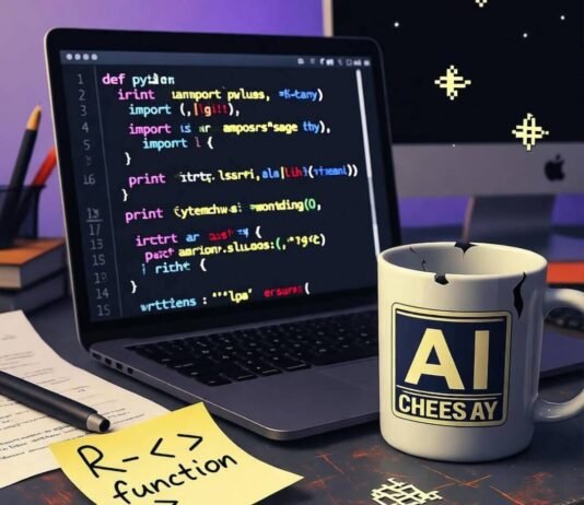 Top AI Programming Languages Every Developer Should Learn in 2025 Blurry desk with glitchy Python script, chipped AI mug, crumpled R code note.