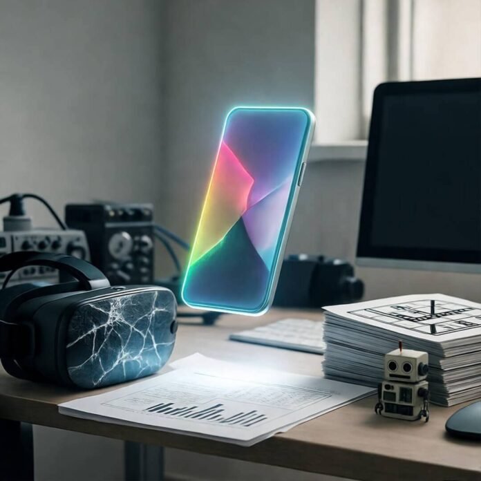 Messy Seattle desk with glowing holographic phone, cracked VR headset, and tiny robot.