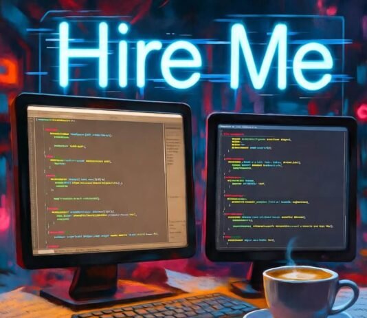 AI Jobs You Should Be Applying for in 2025 Futuristic desk with glowing AI screens, half-finished coffee, neon "Hire Me" sign.