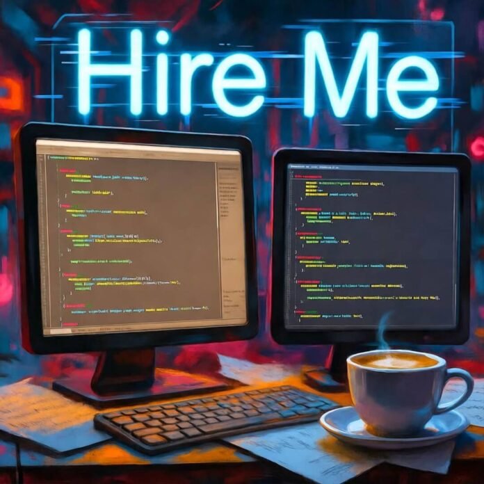 Futuristic desk with glowing AI screens, half-finished coffee, neon "Hire Me" sign.