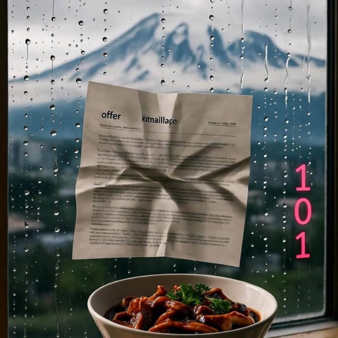 Crumpled job offer on rainy Seattle window; teriyaki bowl reflects neon binary rain.