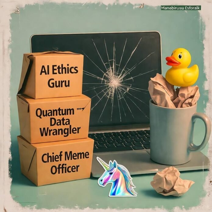 Cracked laptop amid job-labeled takeout boxes, rubber duck in mug, faded Polaroid vibe.