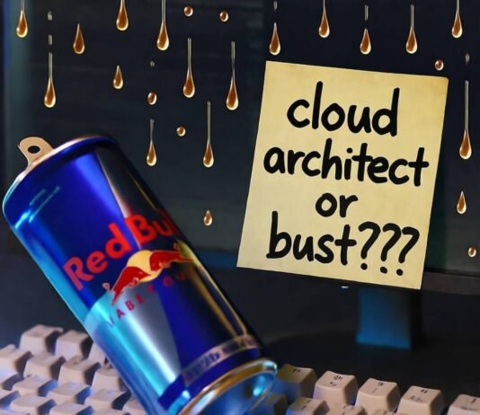 How to Build a Career in Cloud Computing: Job Opportunities and Tips Half-empty Red Bull on glowing keyboard; sticky note reads "cloud architect or bust???"