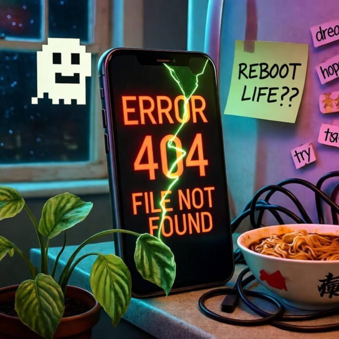 Cracked phone displays "ERROR 404" with ramen, cables, wilting plant, and "REBOOT LIFE??" note.