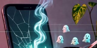 The Future of Voice Assistants: How AI is Personalizing Our Lives Cracked phone glows with neon voice wave; ramen, ghost emojis, wilted plant.