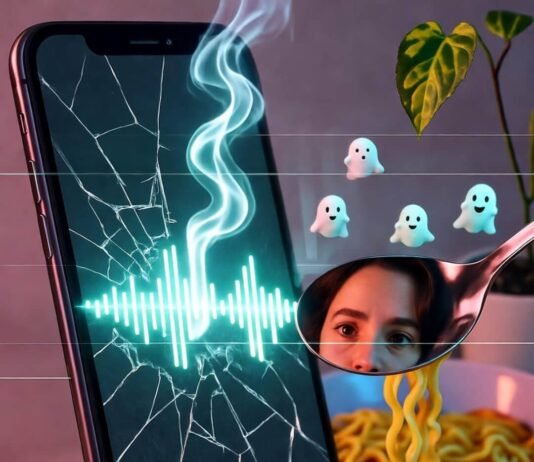 The Future of Voice Assistants: How AI is Personalizing Our Lives Cracked phone glows with neon voice wave; ramen, ghost emojis, wilted plant.