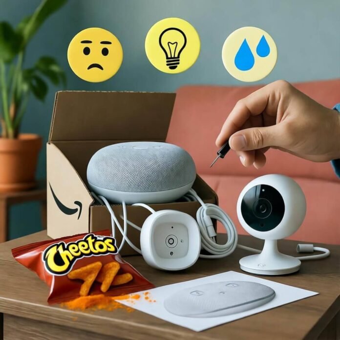 Unboxing smart home chaos: tangled gadgets, Cheetos dust, floating emojis of confusion and hope.